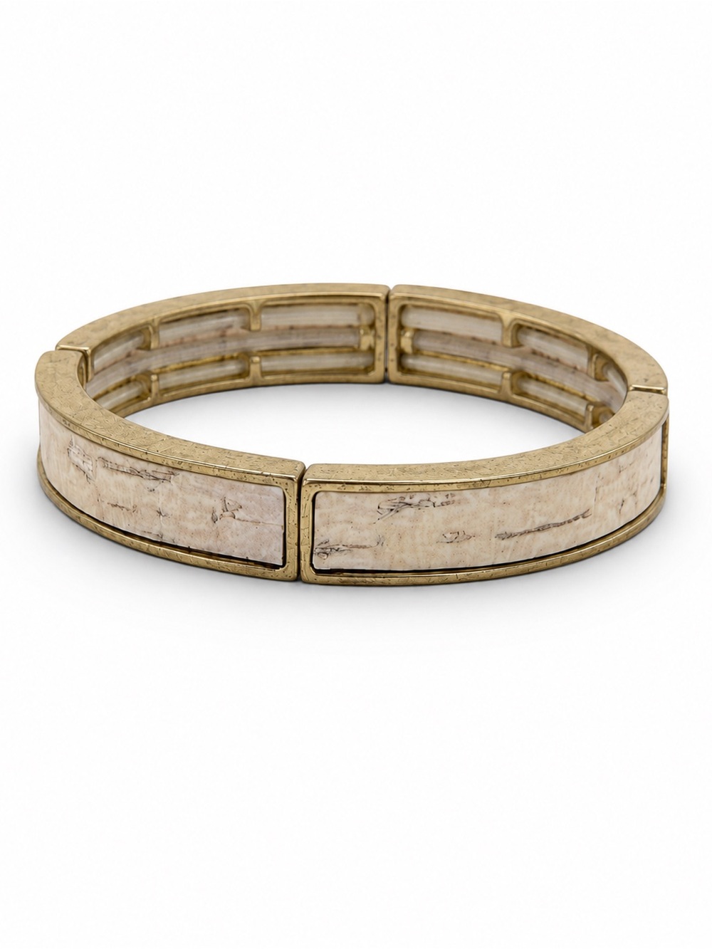 Free People Antique Gold Tone Cream Cork Inlay Stretch Bangle Bracelet - Picture 3 of 4